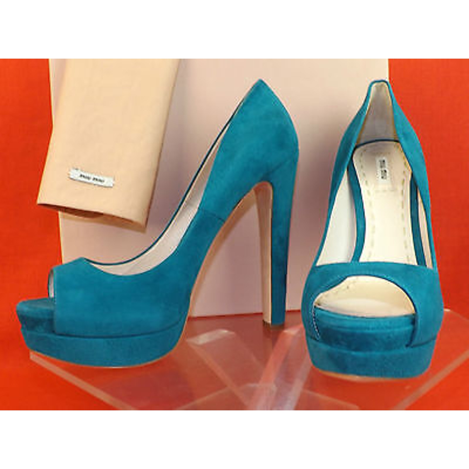 Nib Miu Miu Prada 5kp185 Turquoise Suede Peep Toe Double Platform Pumps 39.5 9